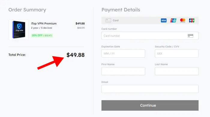 itop vpn checkout page after discount