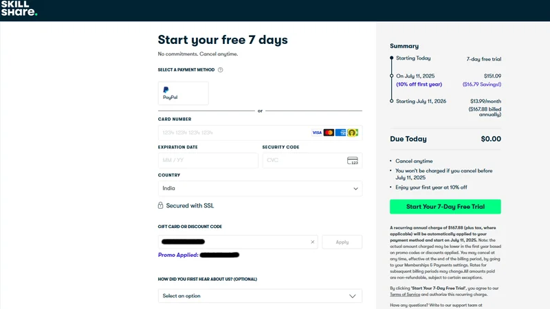 skillshare checkout page