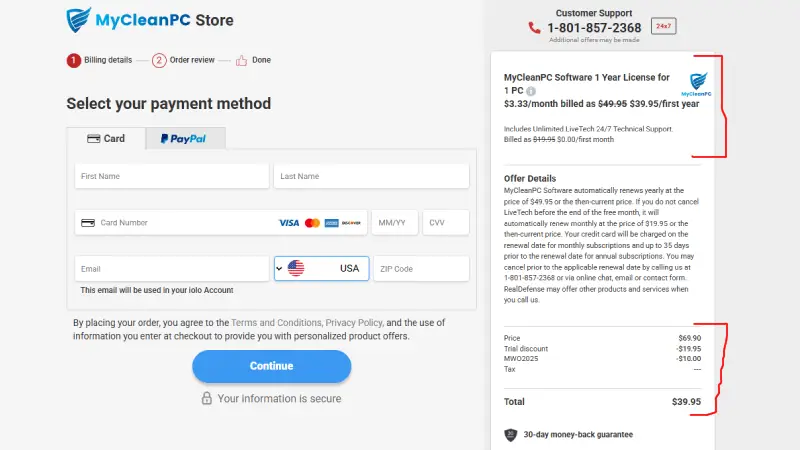 MyCleanPC checkout page