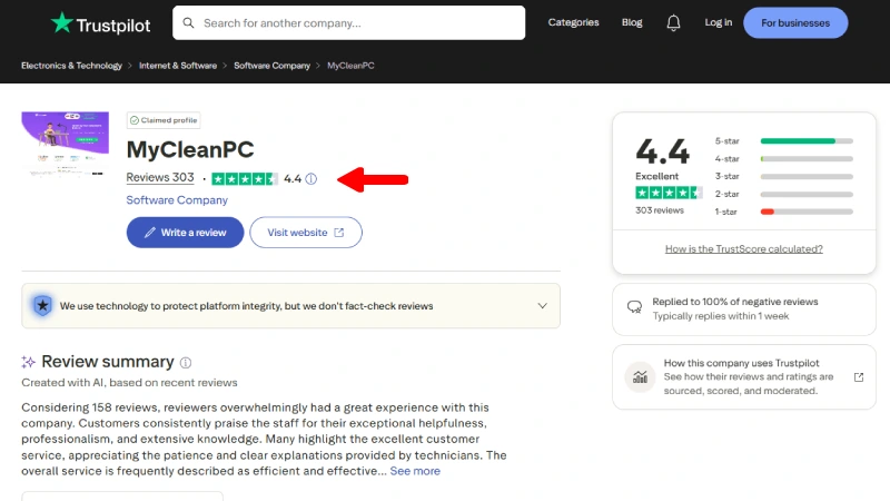 MyCleanPC Trustpilot customer reviews showing mixed ratings
